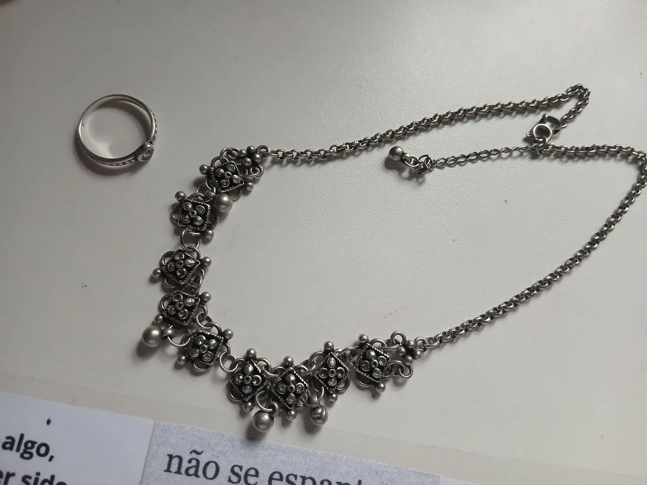 Colar Choker Prata 925 e Anel Solitário Coração Prata 925 