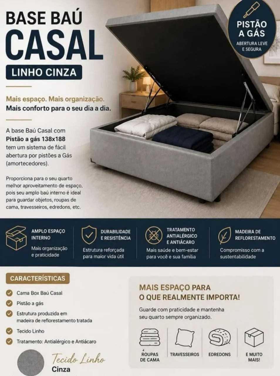 Base Baú Casal Cinza Linho A PRONTA ENTREGA