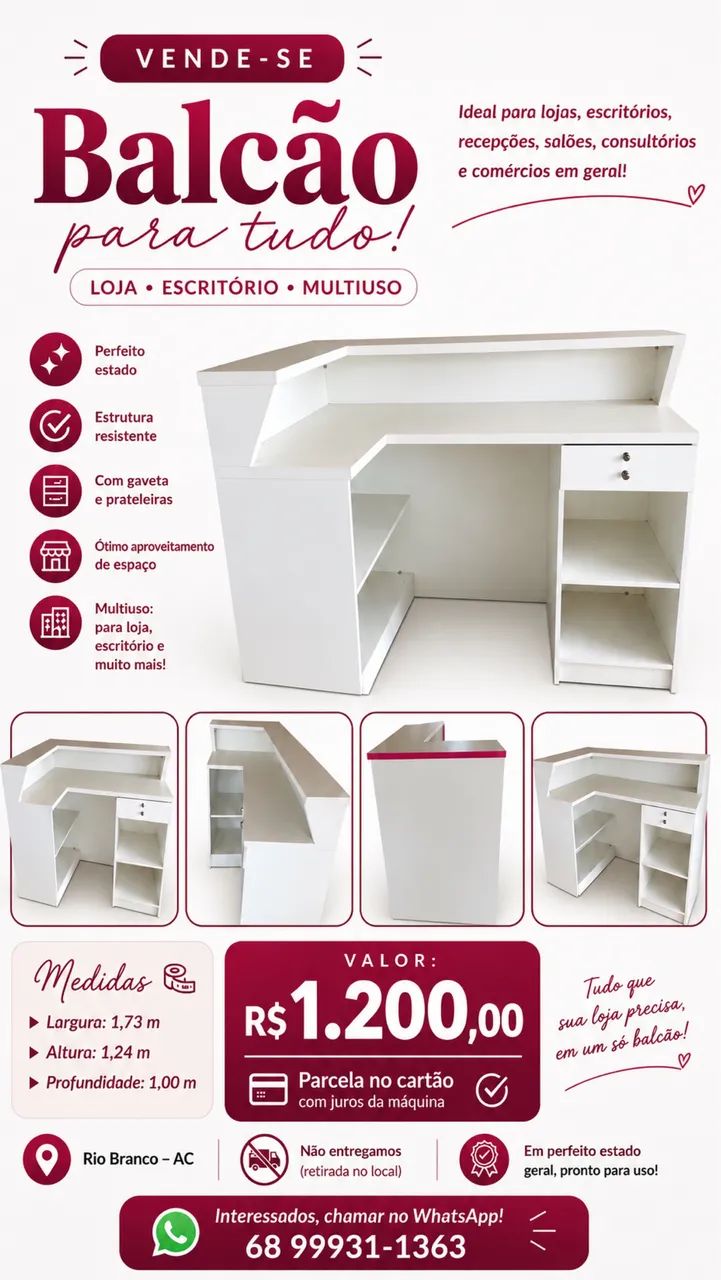 Balcão Branco Multiuso - Loja, Escritório..