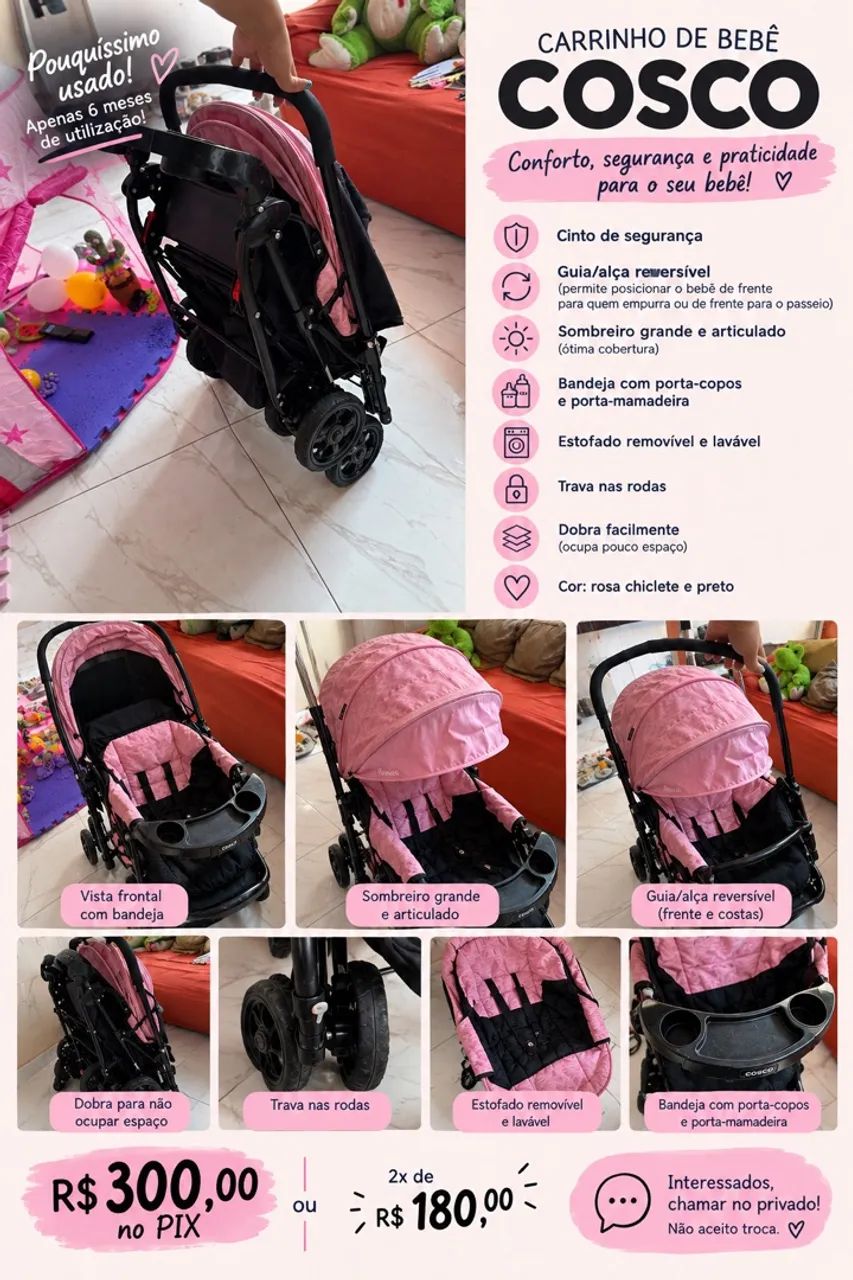 CARRINHO DE BEBÊ COSCO - ROSA CHICLETE