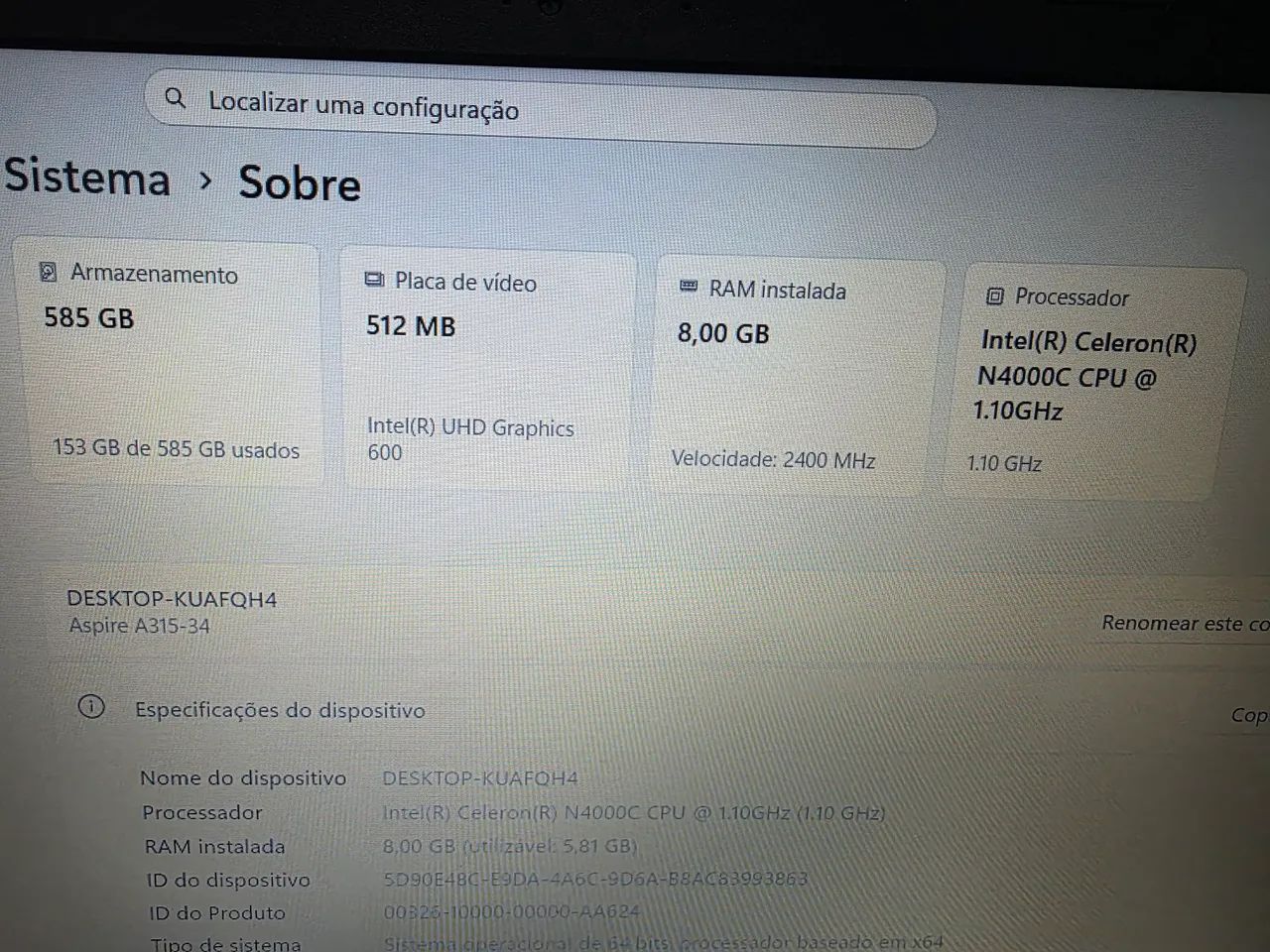 Notebook Acer Aspire A315-34 - 8GB RAM / Celeron N4000C - Foto 5