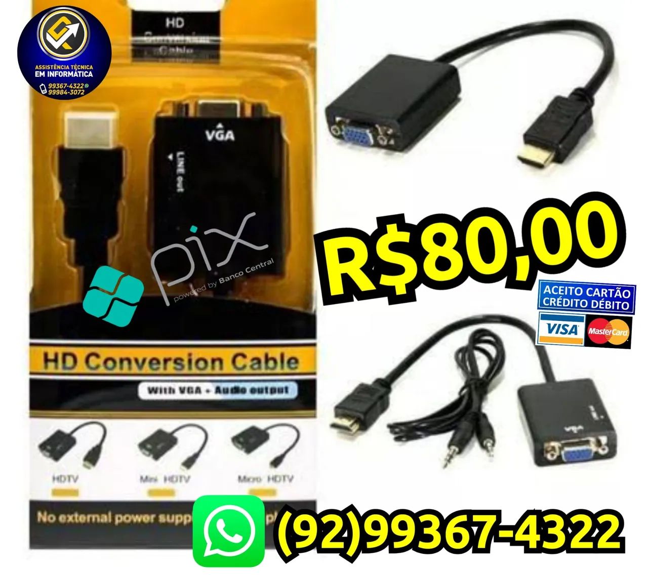 Cabo Conversor HDMI pra VGA Notebooks PC