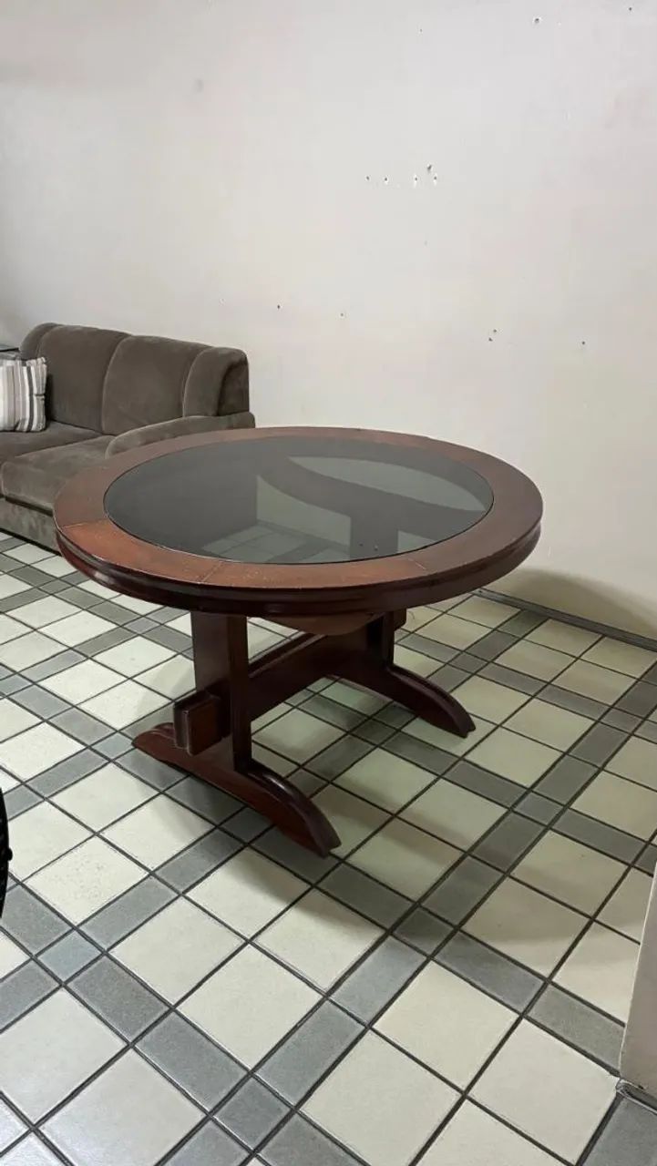 MESA REDONDA MADEIRA COM TAMPO DE VIDRO 