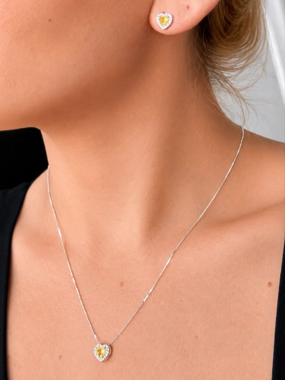 Conjunto Prata 925 Brinco e Colar Coração Cravejado - Foto 5