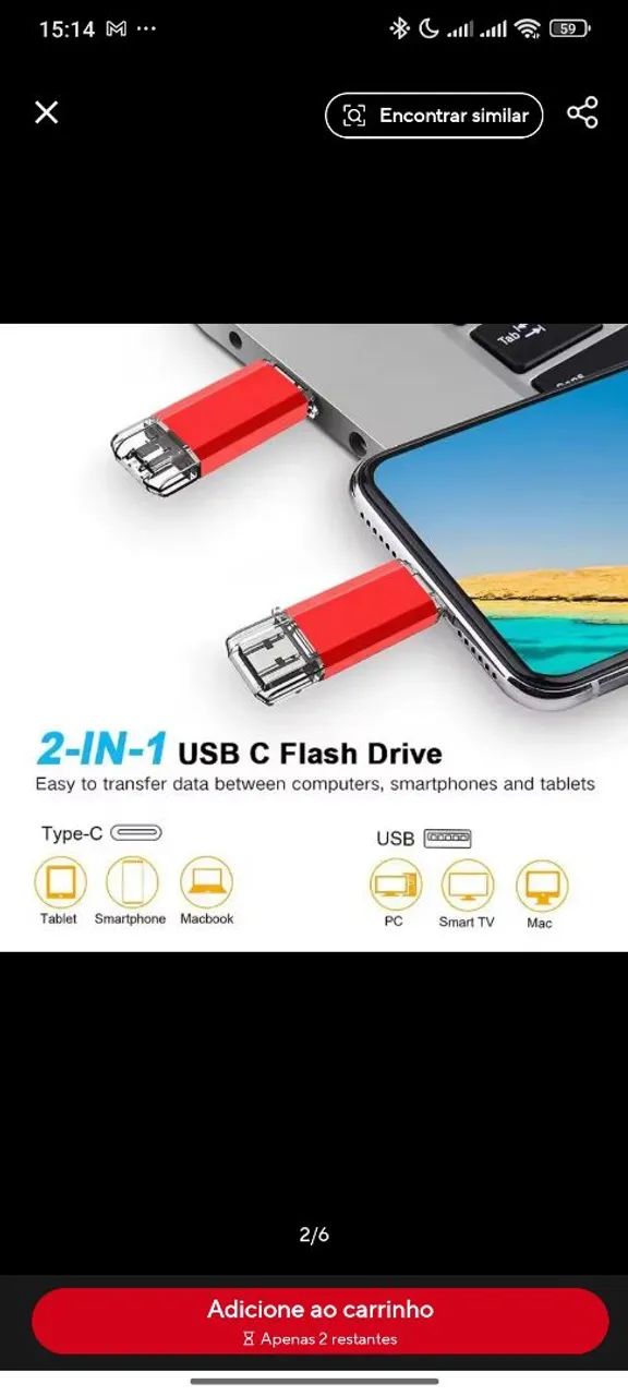 Pendrive KRY Dual Flash Pc/Celular 64GB USB-A 3.2/Type-C Vermelho USB 2 em 1 Promoção - Foto 5