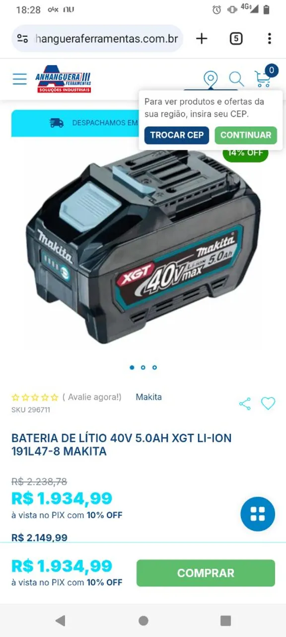 Vend Bateria Makita XGT 40V Max 5.0Ah com garantia.