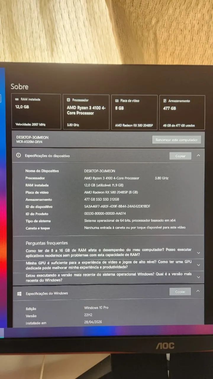 CPU AMD Ryzen 3 - 12Gb RAM e placa de vídeo de 8Gb - Foto 3