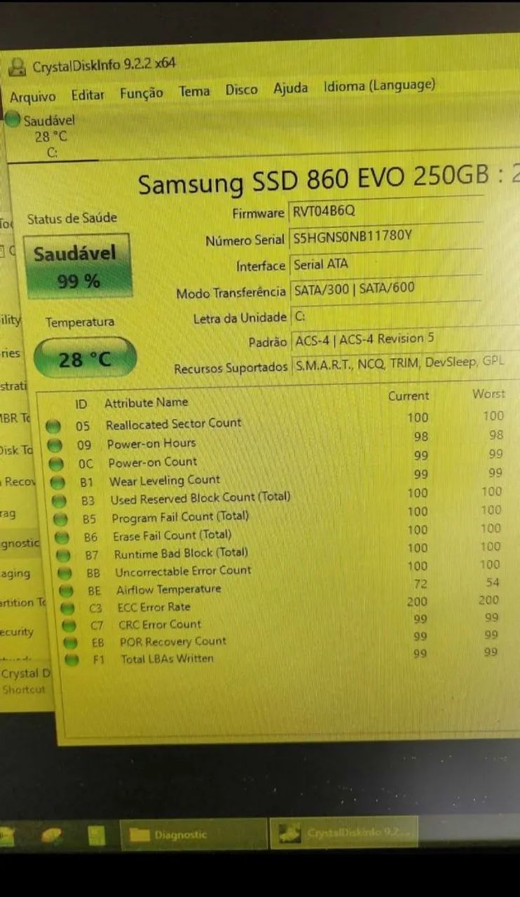 Samsung SSD 250GB Original testado no CrystalDiskInfo
