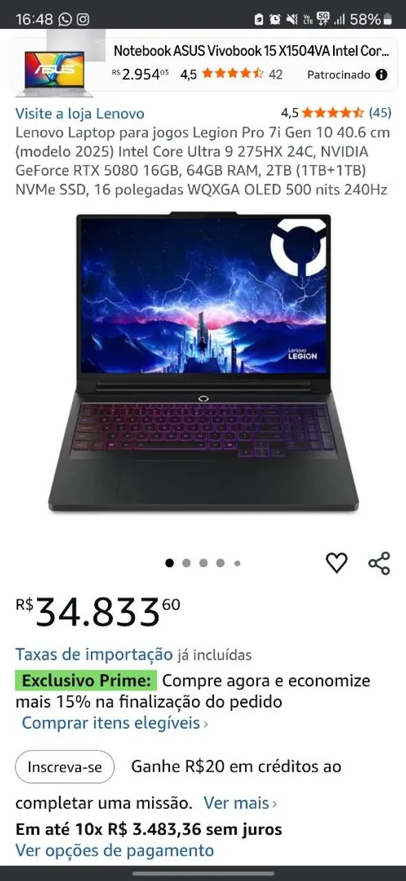 Lenovo Legion Pro 7i Intel Core Ultra 9 NVIDIA RTX 5080 16GB DDR7 64GB RAM 2TB armazena - Foto 5