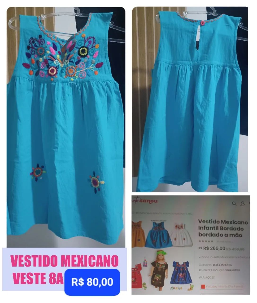 Vestido menina Mexicano bordado a mão 