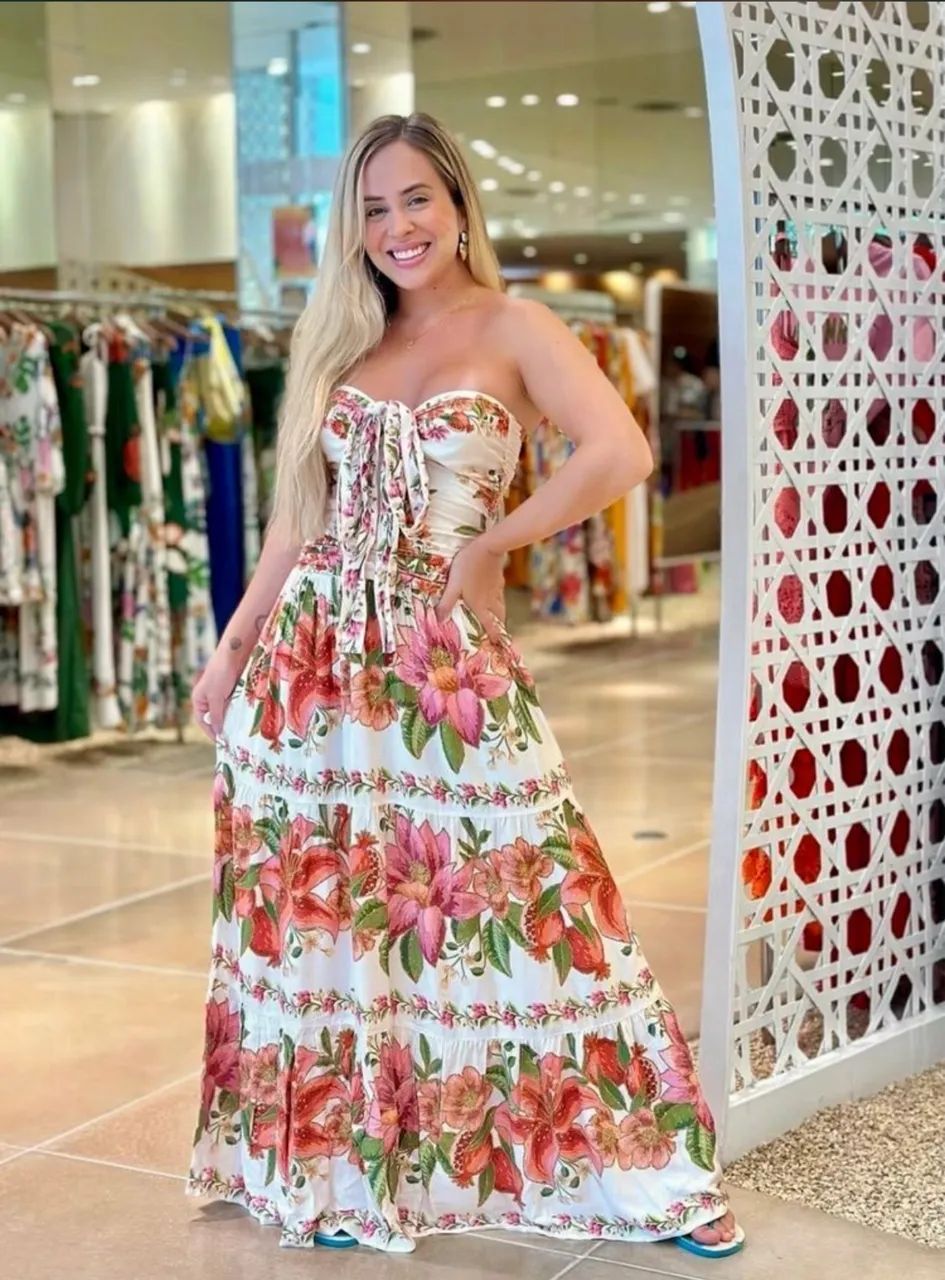 Vestido floral de verão longo farm TAM g 