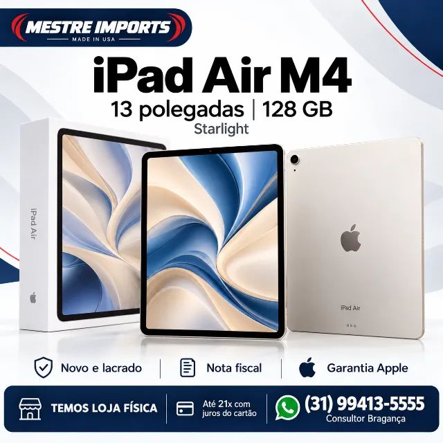 iPad Air M4 com tela de 13 polegadas e 128GB de armazenamento, na cor Starlight.