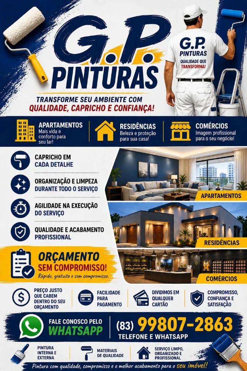 Pinturas em geral. Residencial. Comercial. Qualidade e confiança. 