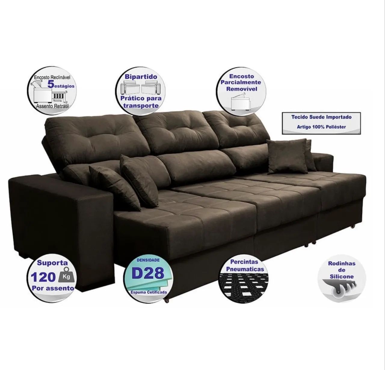 Sofá Retrátil e Reclinável Cama inBox Diamond 2,25m Tecido Suede Velusoft65566256047489123
