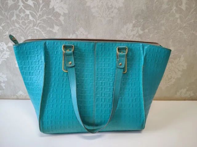 Carmen Steffens Original | Bolsa de Couro Turquesa com Forro Animal Print - Foto 2