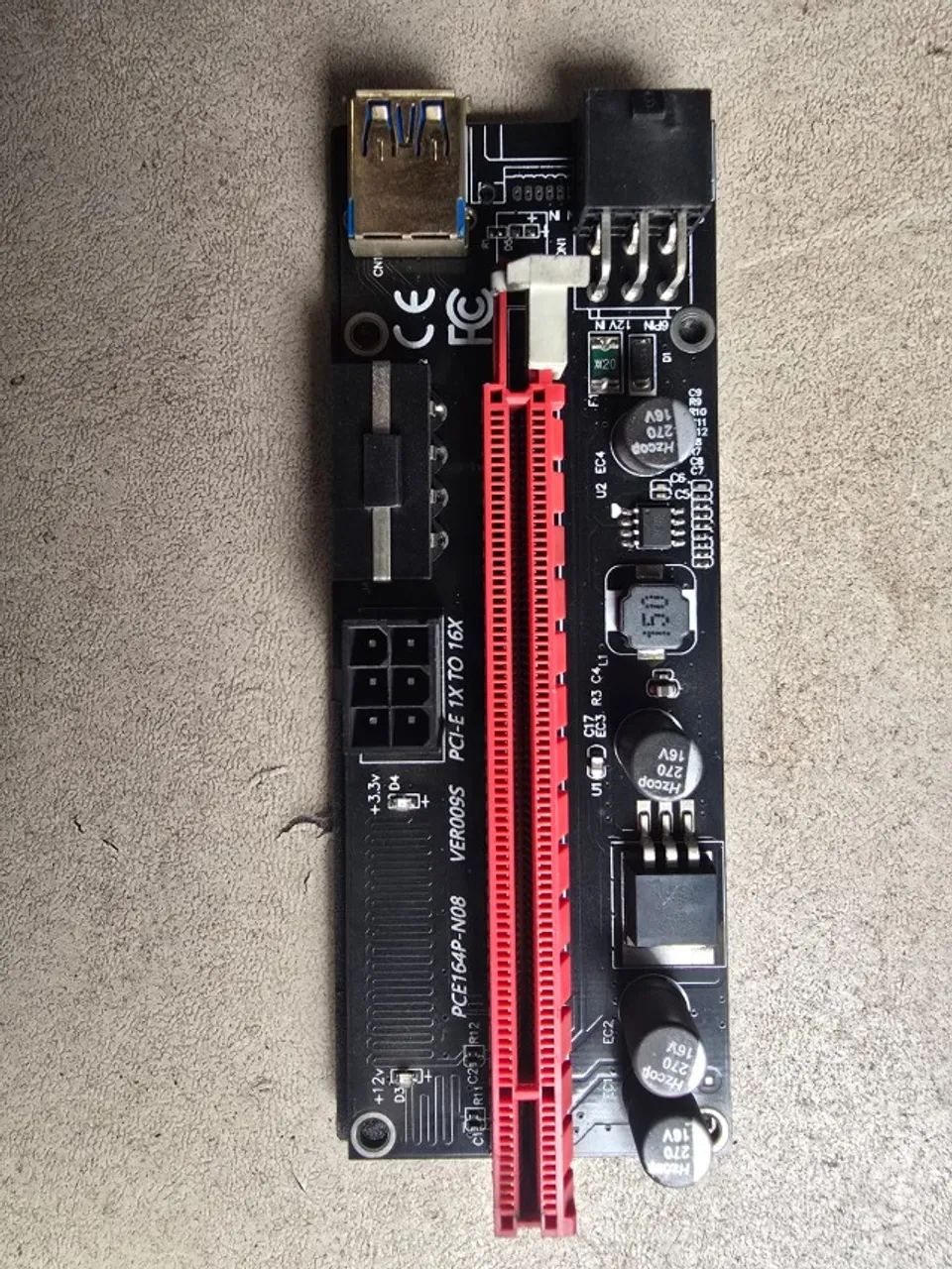 Riser PCIe 1x para 16x PCE164P-N08 VER005S + Cabo USB 3.0 + 6 Pin