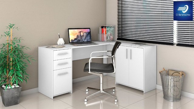Mesa de Canto em L para Escritório 2 Gavetas 3 Portas