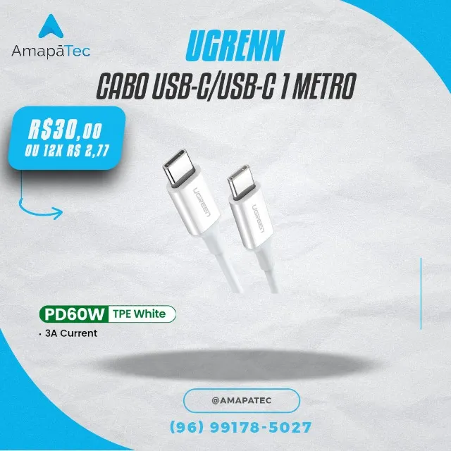 Cabo Ugreen USB-C/USB-C 3A 60W 1M Branco