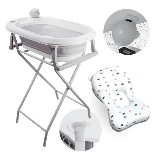 Banheira Dobrável Com Suporte, Termômetro E Almofada Cinza Yuupi