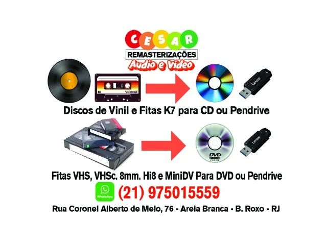Conversão VHS para DVD ou Pendrive / Vinil e K7 para CD ou pendrive.