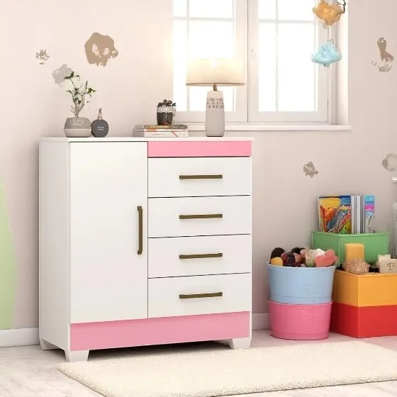 Cômoda Elza branca rosa  com 4 gavetas e 1 porta 