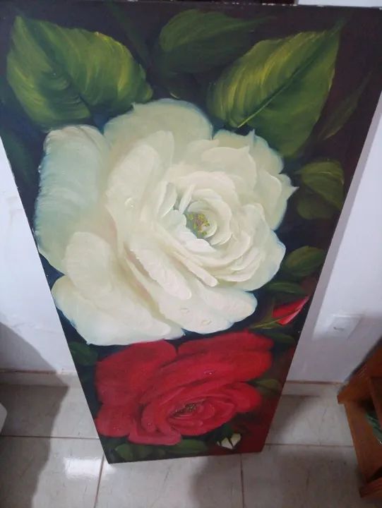 Quadro Pintura a óleo com rosas brancas e vermelhas - Foto 4