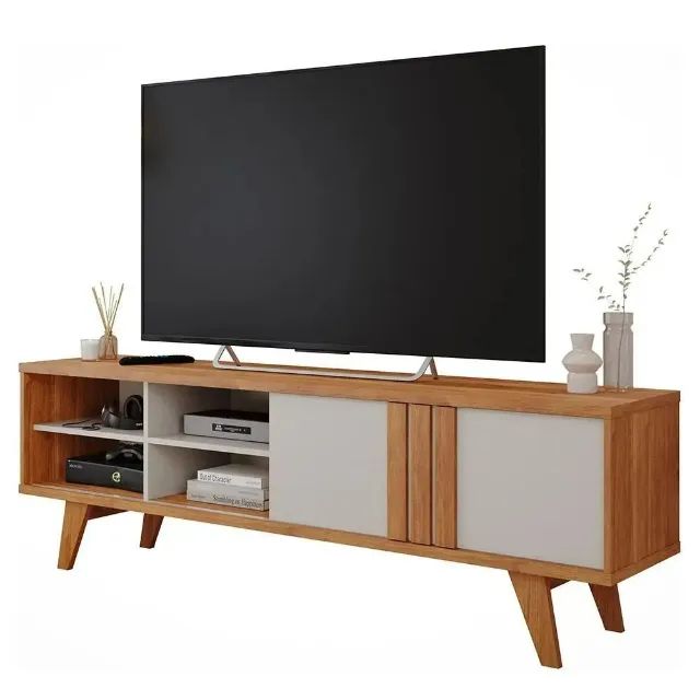 Rack Bancada Paraty Pés Com Madeira Maciça Rippas 100% MDF Freijó/Off White  - Foto 2