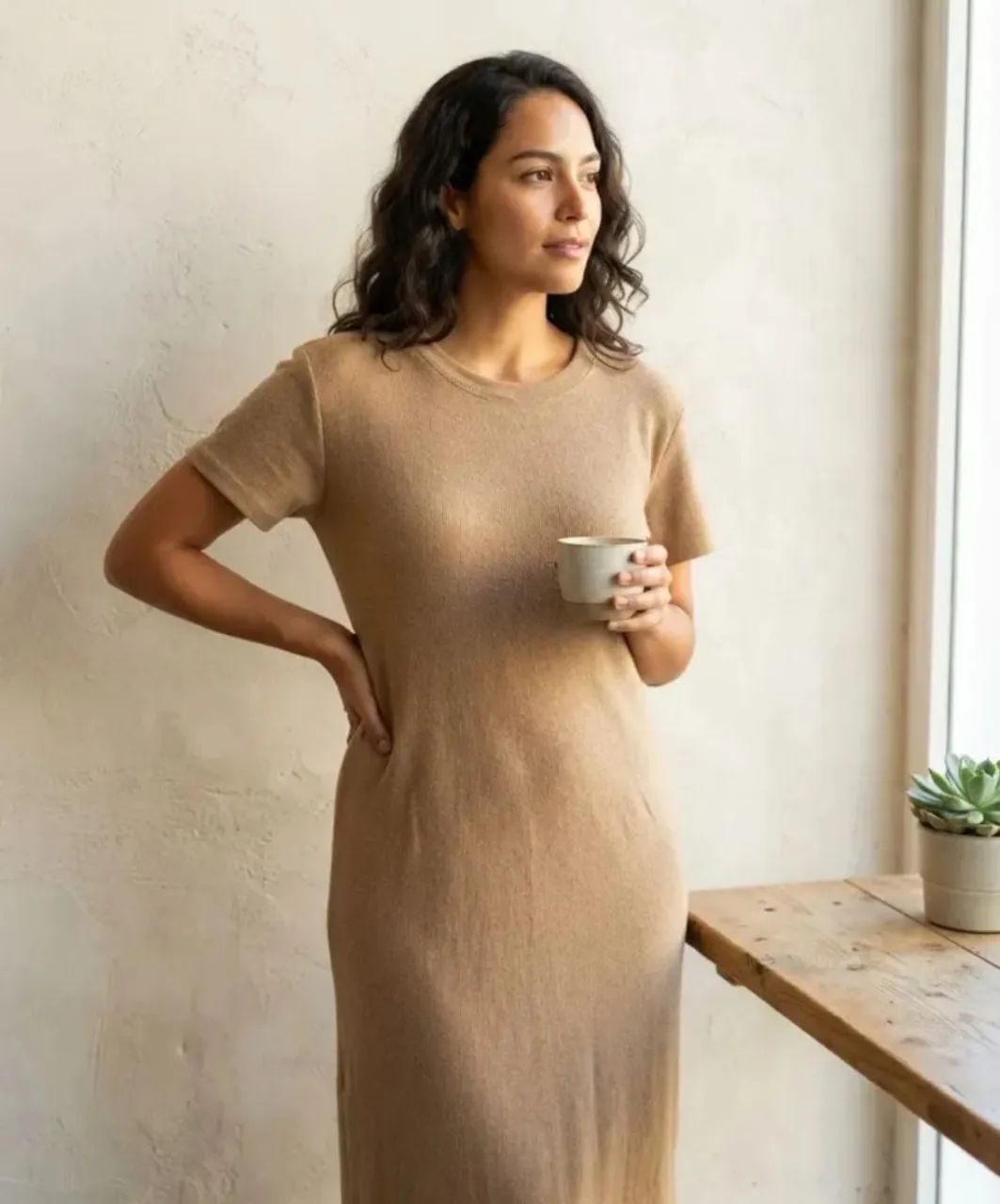 vestido canelado gola redonda bege g