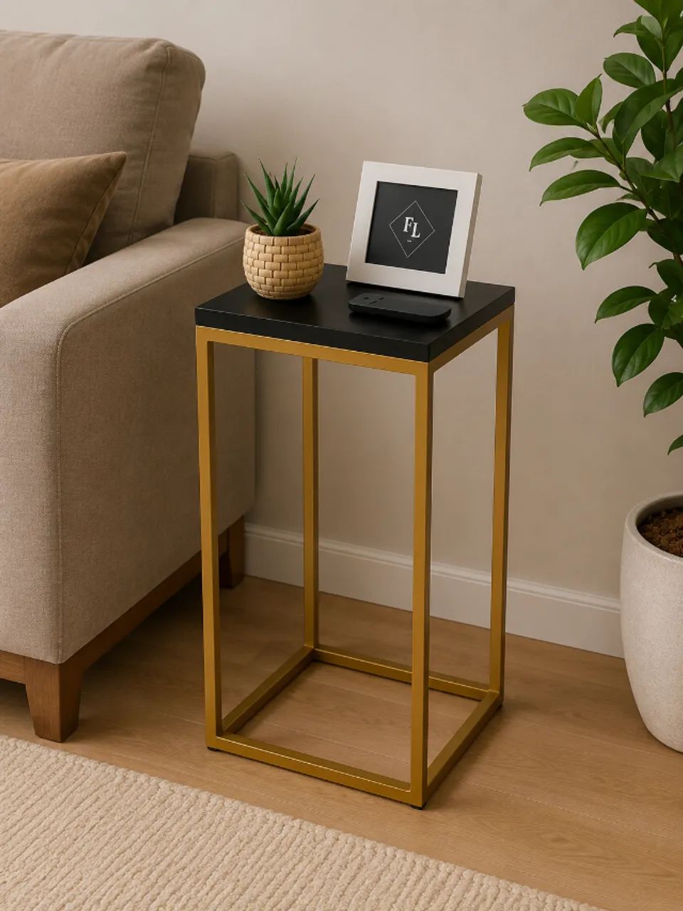 Mesa Lateral Industrial Dourada 60cm Mesa de Canto Moderna Preta - Foto 5