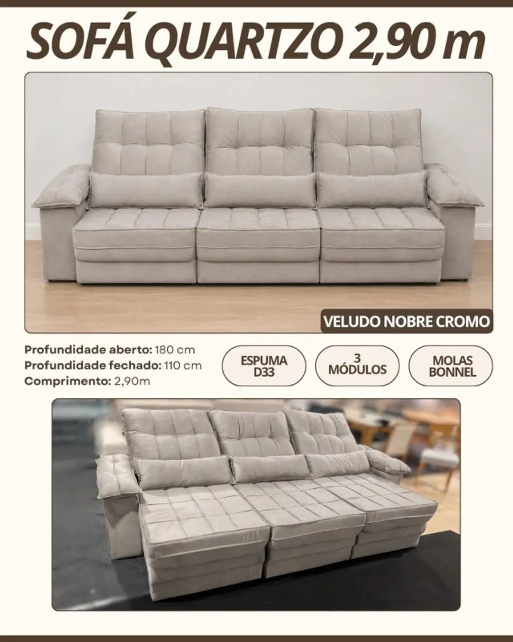Sofá Retrátil Reclinável 2,90cm 