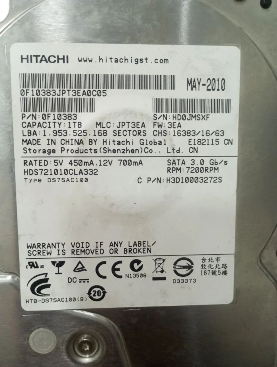 HD Hitachi 1TB PARA COMPUTADORES E DVRS EM PERFEITO ESTADO DE FUNCIONAMENTO 