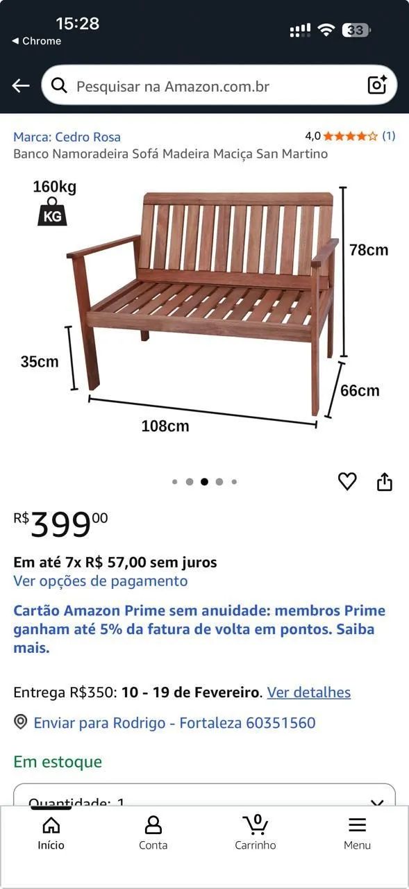 Banco Namoradeira Sofá Madeira Maciça San Martino 108cm - Foto 4