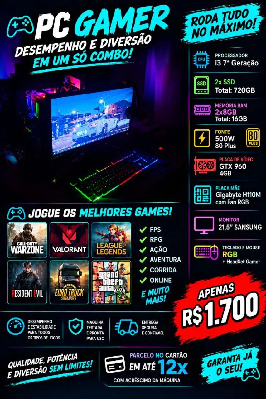 Pc Gamer i3 7°G 16Gb