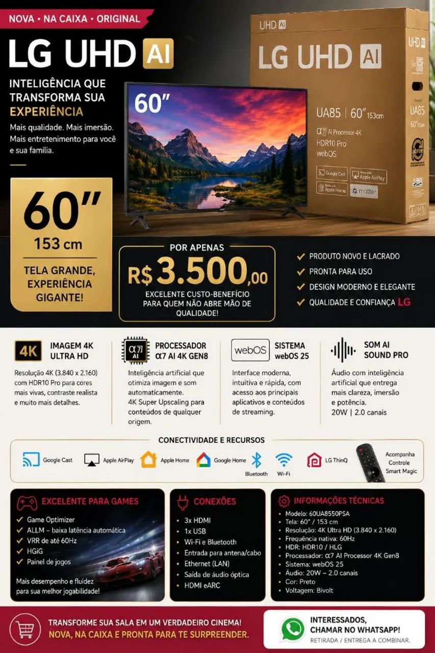 Vendo tela LG 60 polegadas AI UHD nova nova  - Foto 5