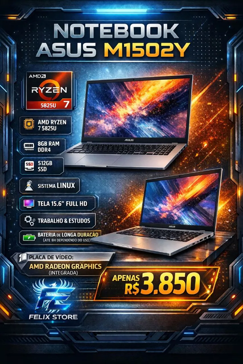 Notebook Asus Ryzen 5 7520U 8GB DDR5 SSD 512GB Tela 15.6 Rápido