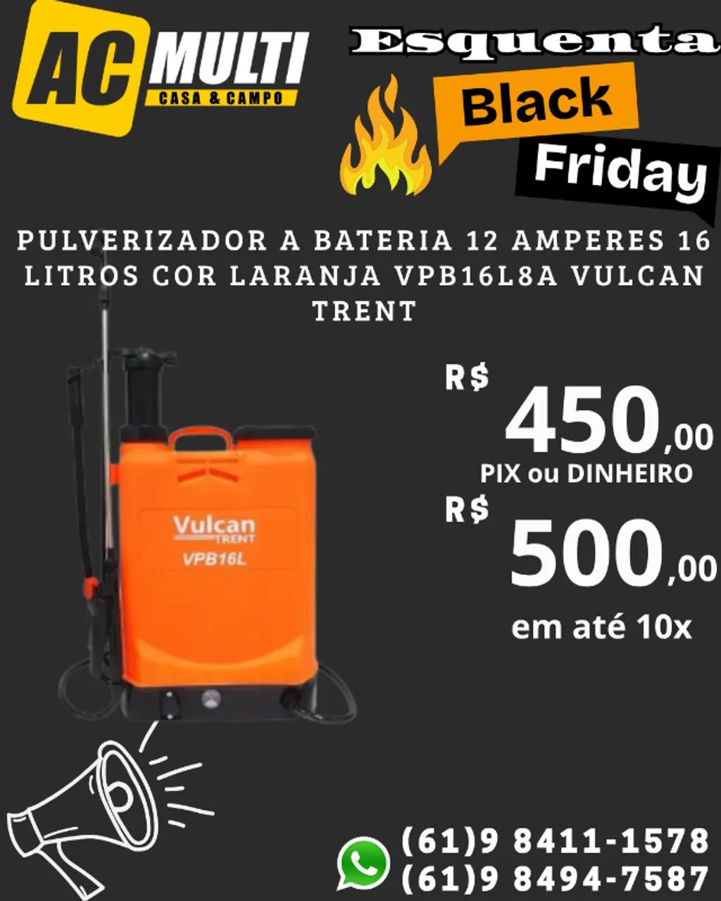 PULVERIZADOR A BATERIA 12 AMPERES 16 LITROS COR LARANJA VPB16L8A VULCAN TRENT