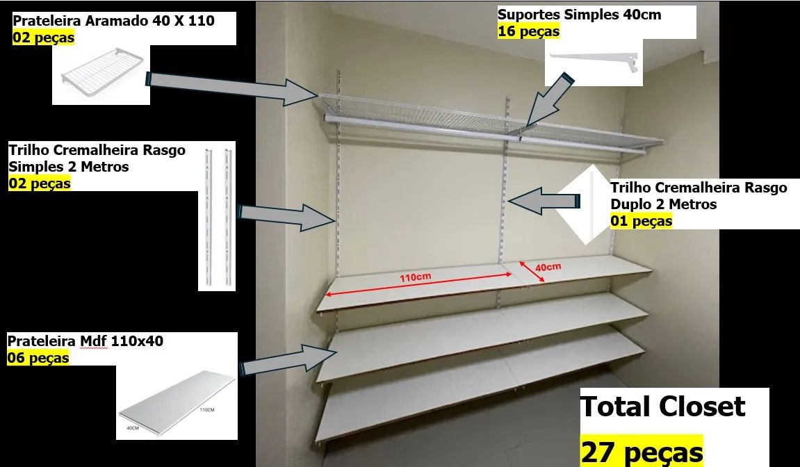 Closet de 2.20m L e 2m A e 2 prateleiras com cabideiro metálico e 6 prateleiras de MDF
