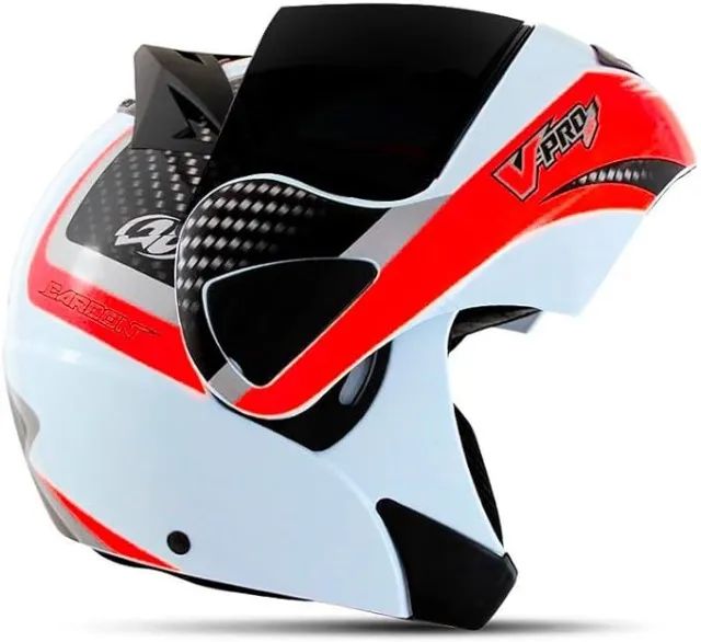 Capacete Articulado V-Pro Jet 2 Carbon Fundo Branco n° 58 ou 62 Viseira Fumê Branco/Vermel