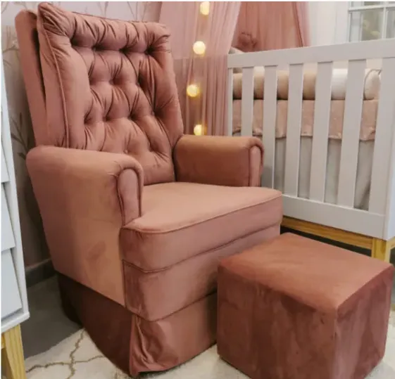 Poltrona De Amamentação Balanço Em Suede + Puff