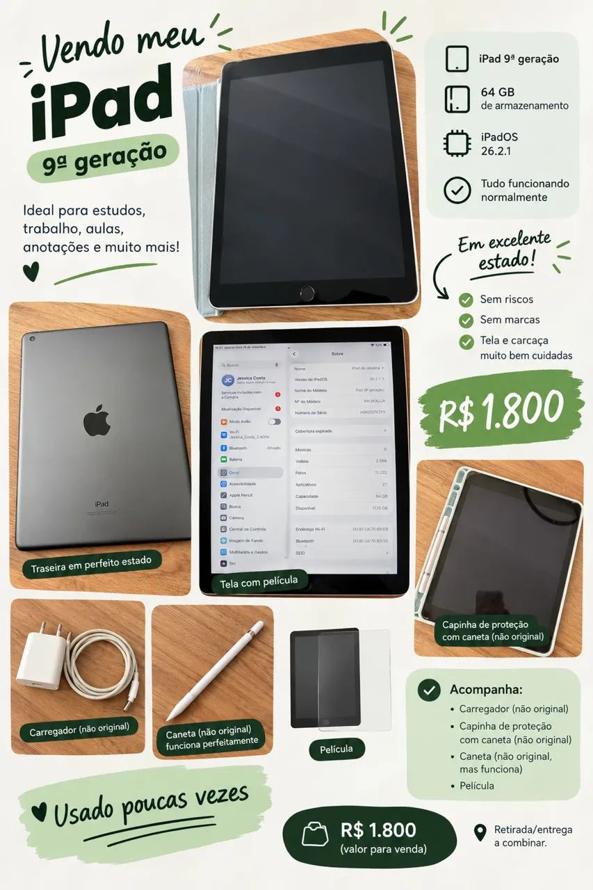? iPad 9ª geração - 64 GB | R$ 1.800