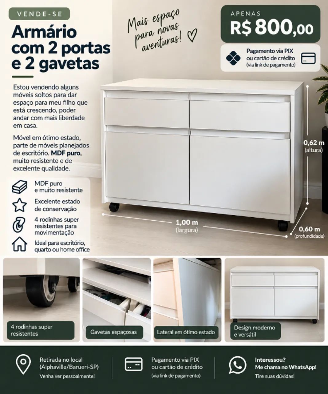 Cômoda de escritório/quarto com 2 gavetas e 2 portas branco em MDF puro com rodinhas