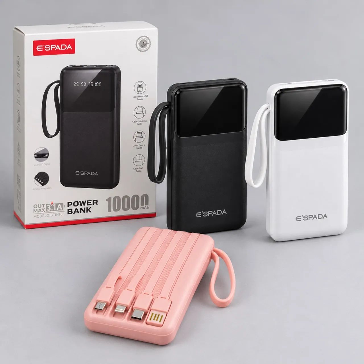 Power Bank E?SPADA 10.000mAh com Display Digital e 4 Cabos Integrados