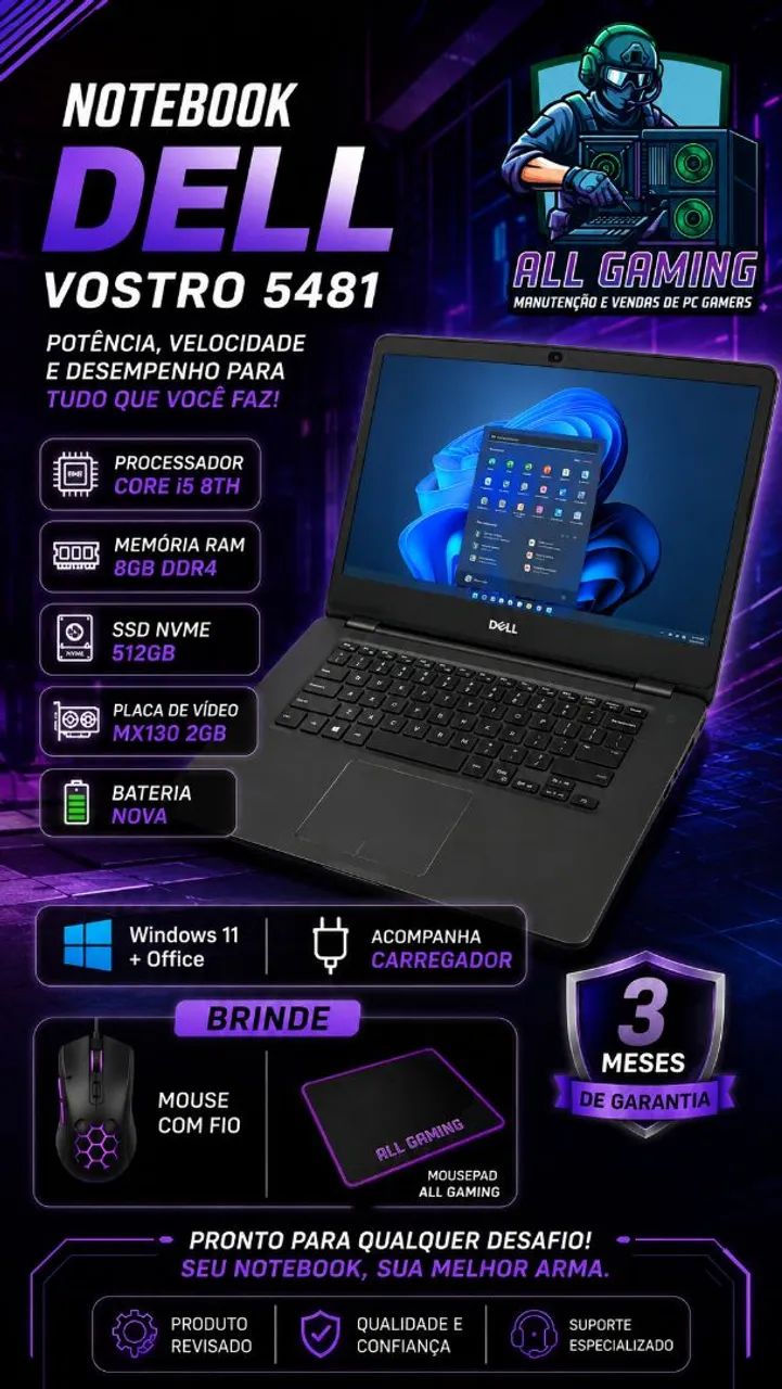 Notebook Dell 5481, core i5, mx130 2gb, 8gb ram, 512gb nvme