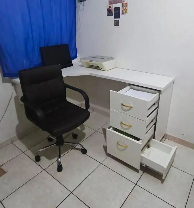 L-shaped desk for studying, accommodates monitor for second screen and printer. Reason: moving