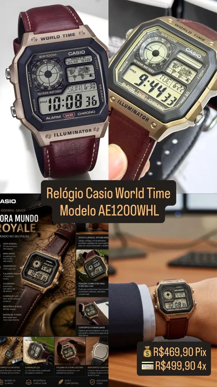 Relógio Casio World Time AE1200WHL pulseira couro 