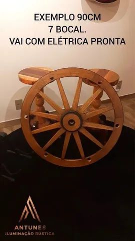 Lustre Rústico Roda De Carroça Em Madeira Maciça 7 bocal 90cm - Foto 2