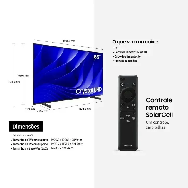 TV Smart 85" Crystal UHD 4K 85DU * Samsung 85 polegada