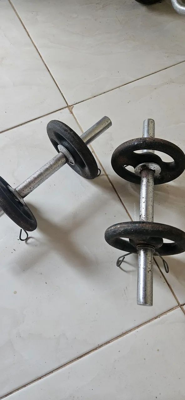 Kit Musculação Cromado - Barra W, Halteres e Anilhas (Usado) - Foto 2