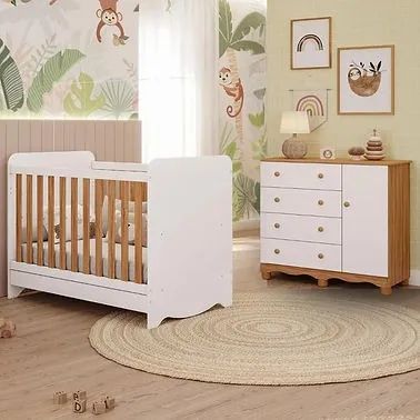 Comoda Junior 1 Porta + Berço Americano Ben, 100% MDF - Peroba