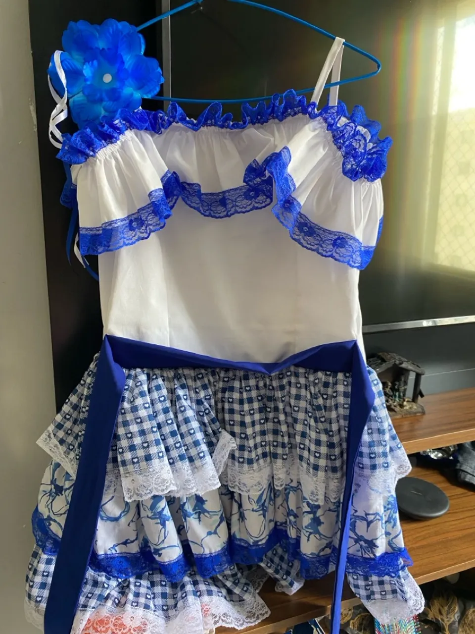 Vestido Festa Junina infantil Azul e Branco